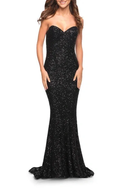 La Femme Strapless Sweetheart Luxe Sequin Gown In Black