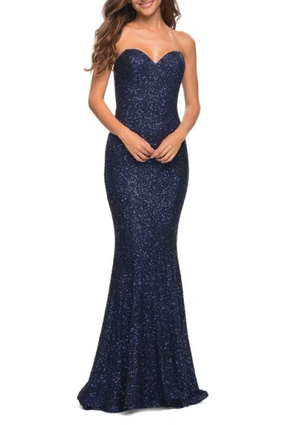 La Femme Strapless Sweetheart Luxe Sequin Gown In Navy