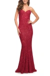La Femme Strapless Sweetheart Luxe Sequin Gown In Red