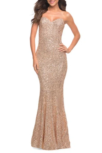 La Femme Strapless Sweetheart Luxe Sequin Gown In Rose Gold