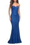 La Femme Strapless Sweetheart Luxe Sequin Gown In Royal Blue