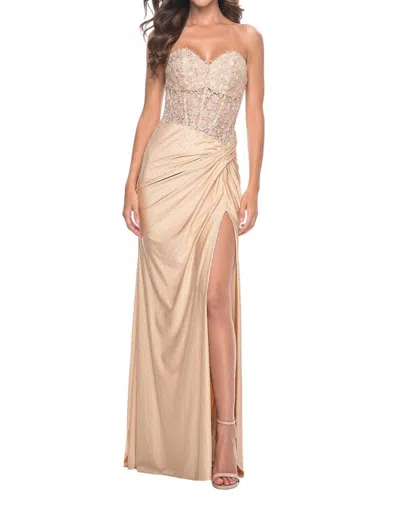 La Femme Strapless Sweetheart Prom Dress With Ruched Jersey Skirt In Light Gold