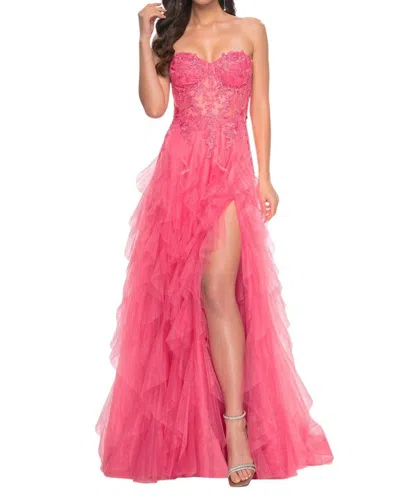 La Femme Strapless Sweetheart Ruffle Tulle Skirt Prom Dress In Coral In Pink