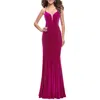 La Femme Strapless Velvet Mermaid Dress With Strappy Back In Fuchsia