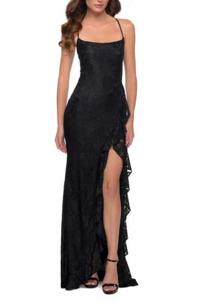 La Femme Stretch Lace Dress With Ruffle Skirt Detail And Slit In Black