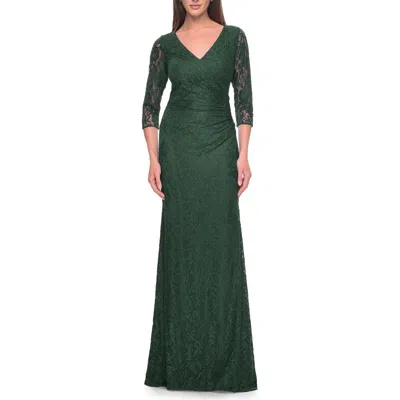La Femme Stretch Lace Evening Dress With Ruching In Green