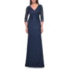 La Femme Stretch Lace Evening Dress With Ruching In Navy