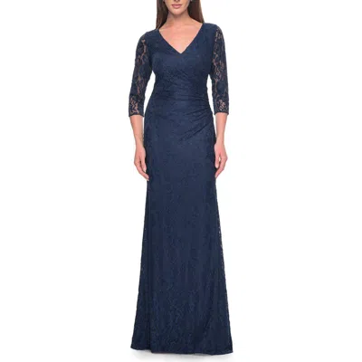 La Femme Stretch Lace Evening Dress With Ruching In Navy