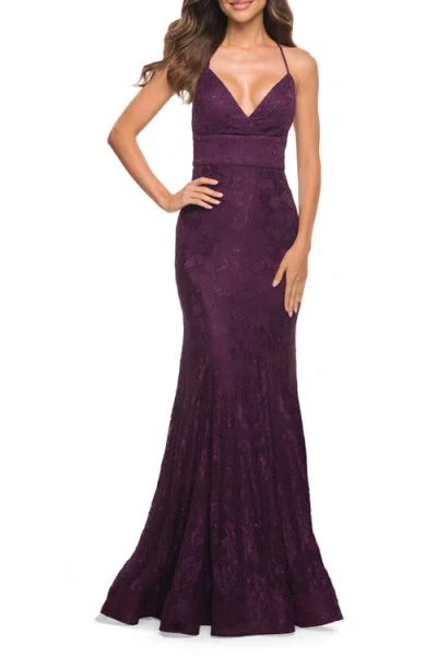 La Femme Stretch Lace Gown With Flattering Seams At Waist In Purple