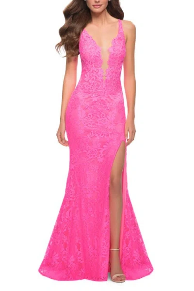 La Femme Stretch Lace Gown With Slit And Open Keyhole Back In Neon Pink