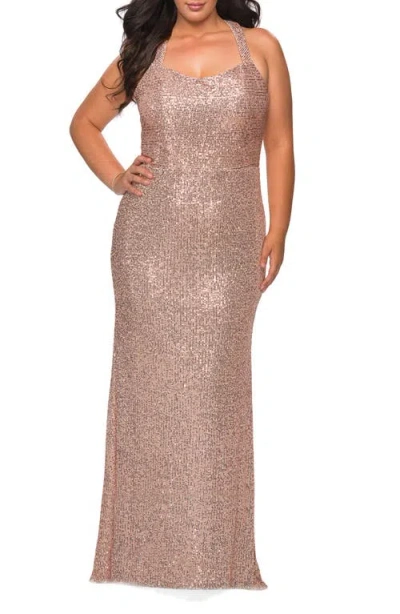 La Femme Stretch Lace Plus Size Dress With Criss Cross Back In Rose Gold
