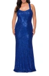 La Femme Stretch Lace Plus Size Dress With Criss Cross Back In Royal Blue