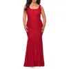 La Femme Stretch Lace Plus Size Gown With Beading In Red