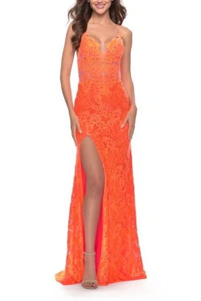 La Femme Stretch Lace Prom Dress In Orange