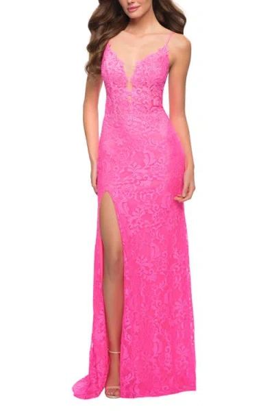 La Femme Stretch Lace Prom Dress In Pink
