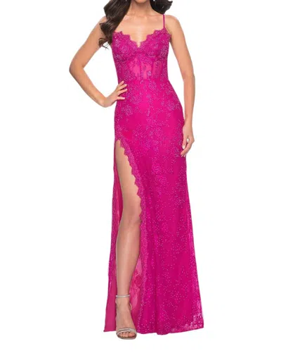 La Femme Stretch Lace Scallop Detail Prom Dress In Hot Fuchsia In Purple