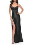 La Femme Stretch Satin Gown With Bustier Top And Lace Up Back In Black