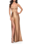 La Femme Stretch Satin Gown With Bustier Top And Lace Up Back In Bronze