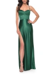 La Femme Stretch Satin Gown With Bustier Top And Lace Up Back In Dark Emerald