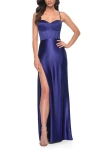 La Femme Stretch Satin Gown With Bustier Top And Lace Up Back In Blue
