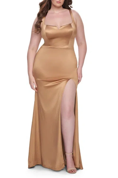 La Femme Stretch Satin Plus Size Dress With Unique Neckline And Slit