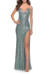 La Femme Stretch Sequin Dress With High Side Slit And V-neck In Gray