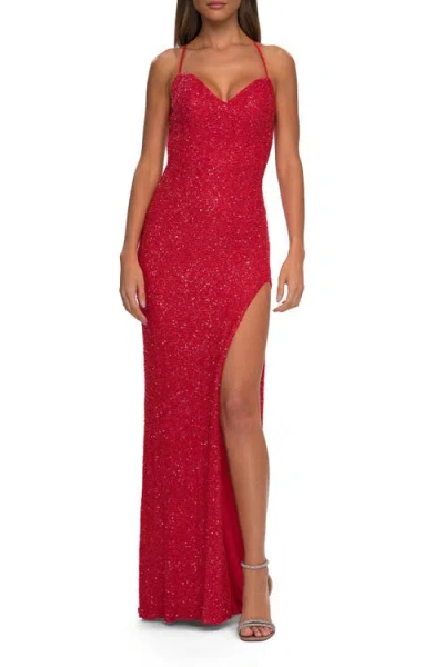 La Femme Stretch Sequin Dress With Open Back In Hot Coral