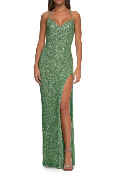 La Femme Stretch Sequin Dress With Open Back In Sage