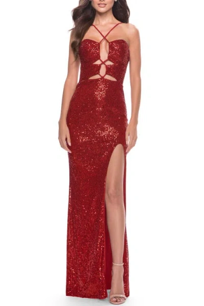 La Femme Stretch Sequin Dress With Unique Front Cut Outs In Red