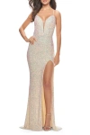 La Femme Stretch Sequin Gown With Deep V-neck And Tie Back