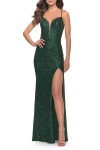 La Femme Stretch Sequin Gown With Deep V-neck And Tie Back