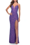 La Femme Stretch Sequin Gown With Deep V Neck And Tie Back In Purple