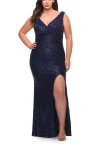 La Femme Stretch Sequin Plus Size Gown With Slit And V Neck In Black