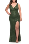 La Femme Stretch Sequin Plus Size Gown With Slit And V Neck