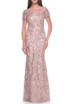 La Femme Stunning Beaded Lace Evening Gown With Short Sleeves
