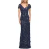 La Femme Stunning Beaded Long Gown With V Neckline In Navy