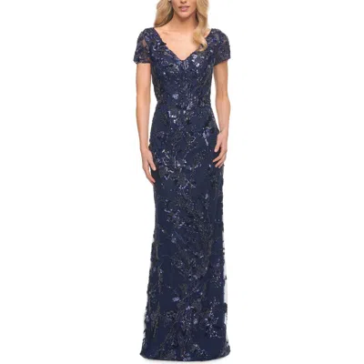 La Femme Stunning Beaded Long Gown With V Neckline In Navy