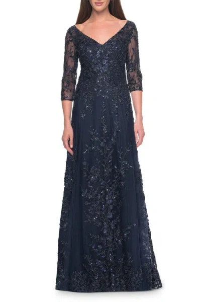 La Femme Stunning Evening Gown With Lace Beaded Design In Navy