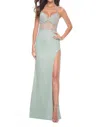 La Femme Fitted Stretch Lace Gown With Deep V And Beading In Gray