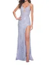 La Femme Stunning Long Prom Gown With Lace Lining In Light Periwinkle