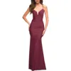 La Femme Stunning Luxe Jersey Dress With Deep V Neckline In Dark Berry