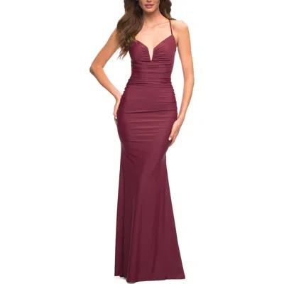 La Femme Stunning Luxe Jersey Dress With Deep V Neckline In Dark Berry