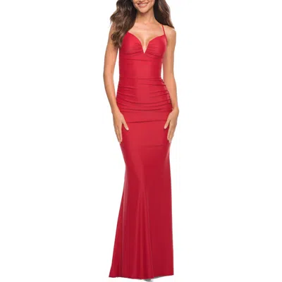 La Femme Stunning Luxe Jersey Dress With Deep V Neckline In Red