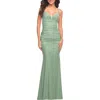 La Femme Stunning Luxe Jersey Dress With Deep V Neckline In Sage