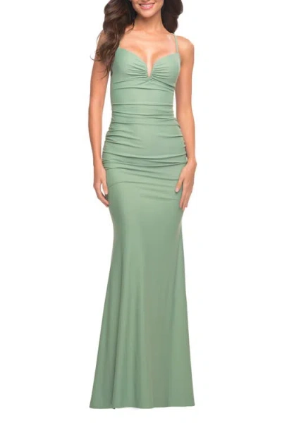 La Femme Stunning Luxe Jersey Dress With Deep V Neckline In Sage