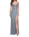 La Femme Stunning Rhinestone Fishnet Prom Dress In Slate In Gray