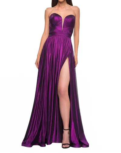 La Femme Stunning Ruched Metallic Jersey Prom Dress In Purple