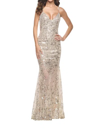 La Femme Stunning Sequin V-neck Fitted Prom Dress In Champagne In Gold
