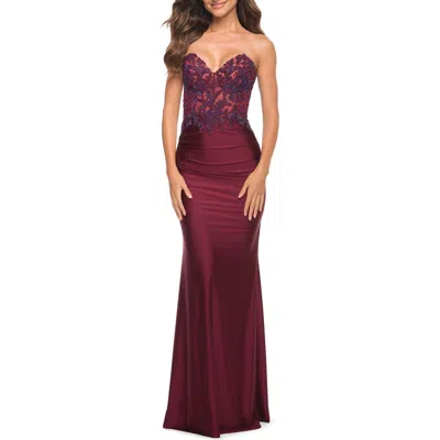 La Femme Stunning Strapless Jeweled Lace And Jersey Dress In Dark Berry