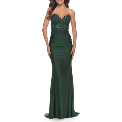 La Femme Stunning Strapless Jeweled Lace And Jersey Dress In Dark Emerald